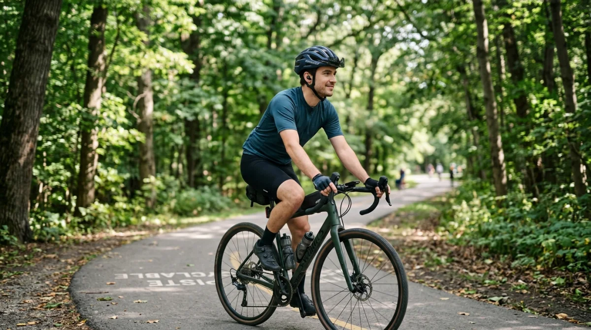 Cycliste avec un seul écouteur sur piste cyclable ombragée, respectant les règles.