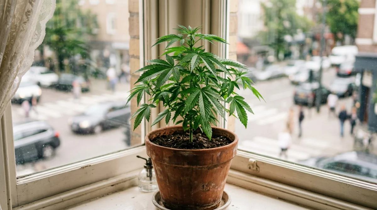 Pied de cannabis en pot sur rebord de fenêtre, vue d'un intérieur domestique.
