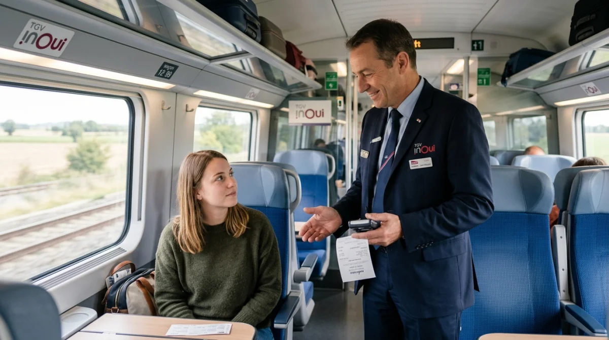 Contrôleur TGV expliquant une amende à un voyageur dans un wagon moderne