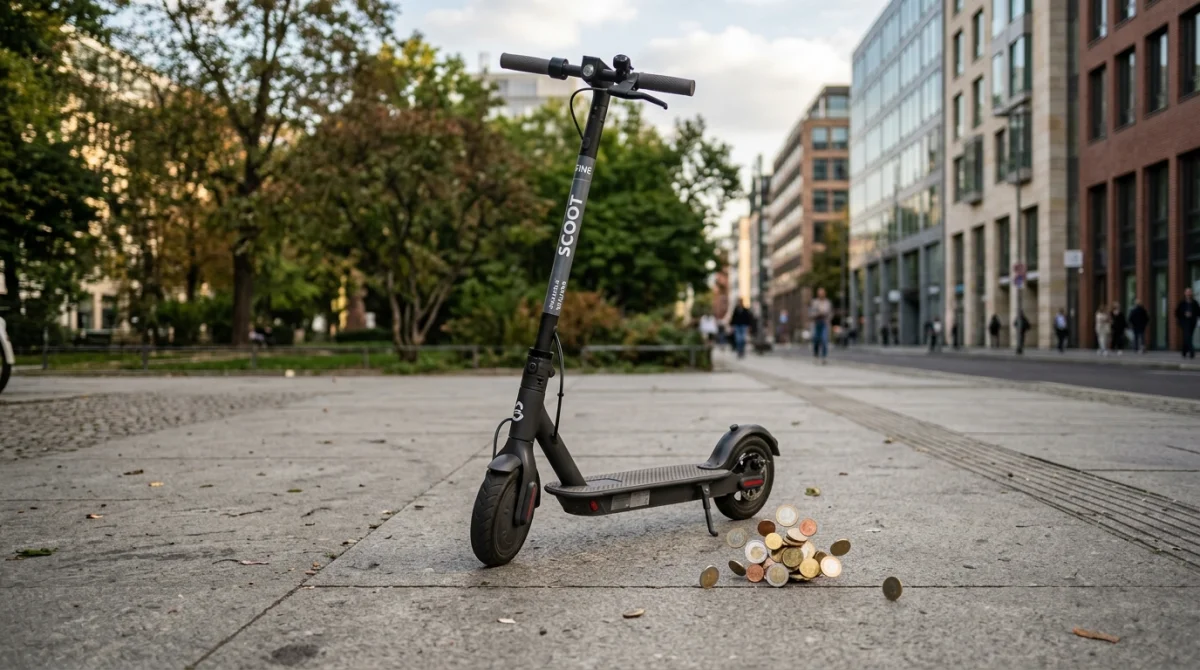 Trottinette électrique et pièces de monnaie sur trottoir, illustrant une amende pour trottinette électrique.