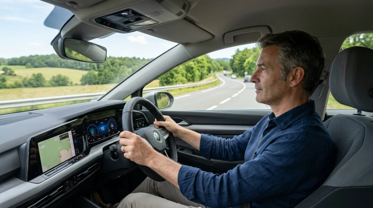 Conducteur confiant au volant, respectant la distance de sécurité sur la route.