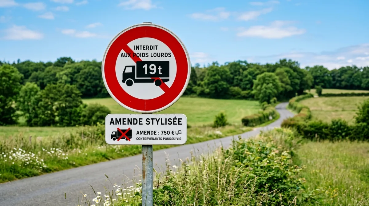 Panneau interdiction poids lourds avec mention prix amende sur route rurale.