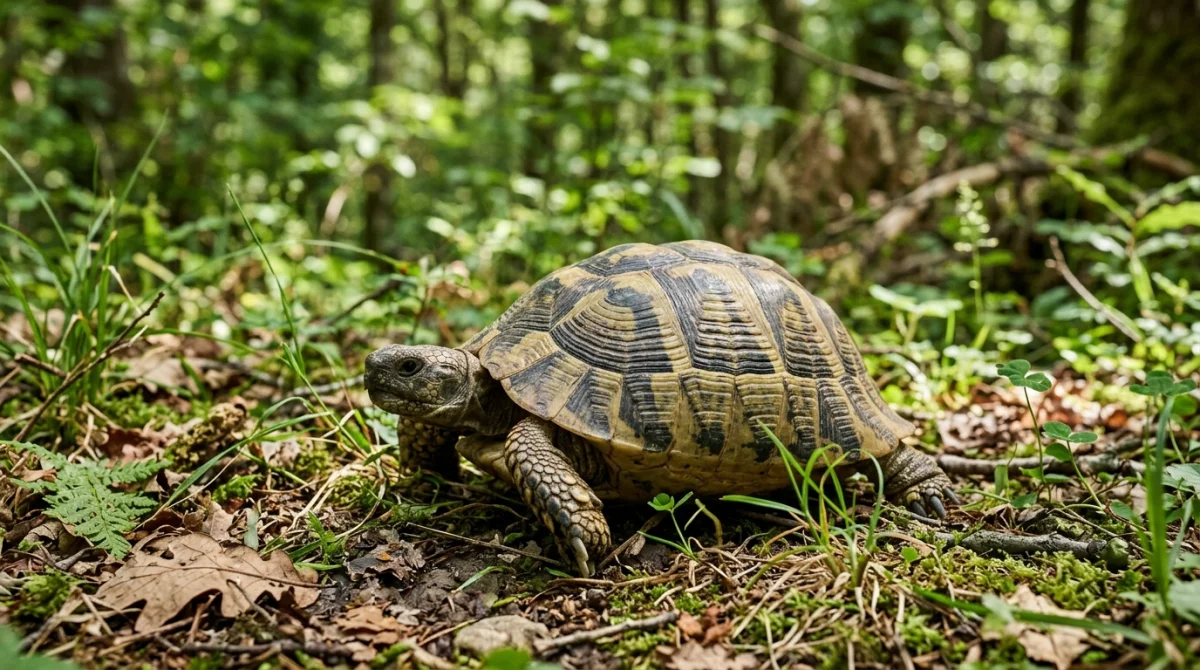 Tortue terrestre protégée dans son habitat naturel, symbole des règles de détention et des amendes potentielles.