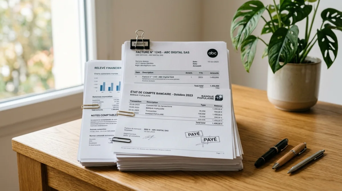Documents financiers et relevés bancaires organisés sur un bureau, illustrant la gestion administrative liée à une curatelle.