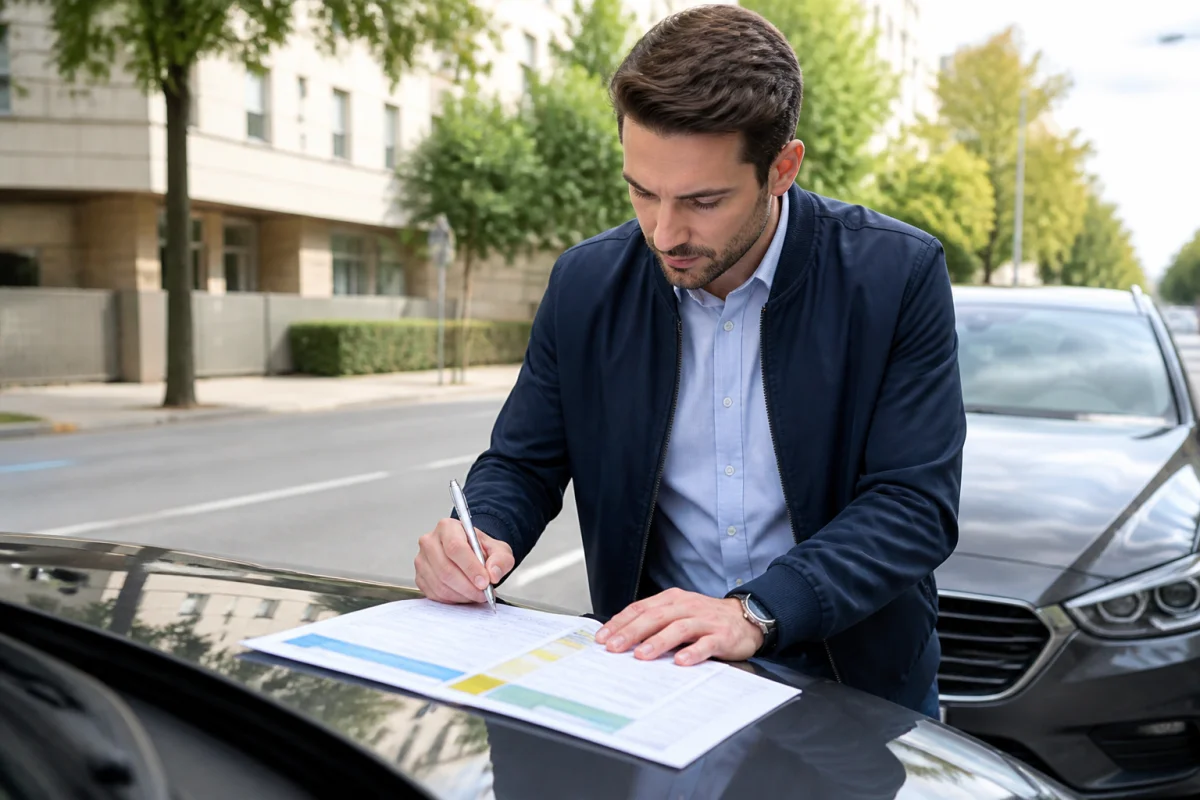Conducteur remplissant un constat amiable sur le capot de sa voiture pour porter plainte contre un conducteur non assuré.