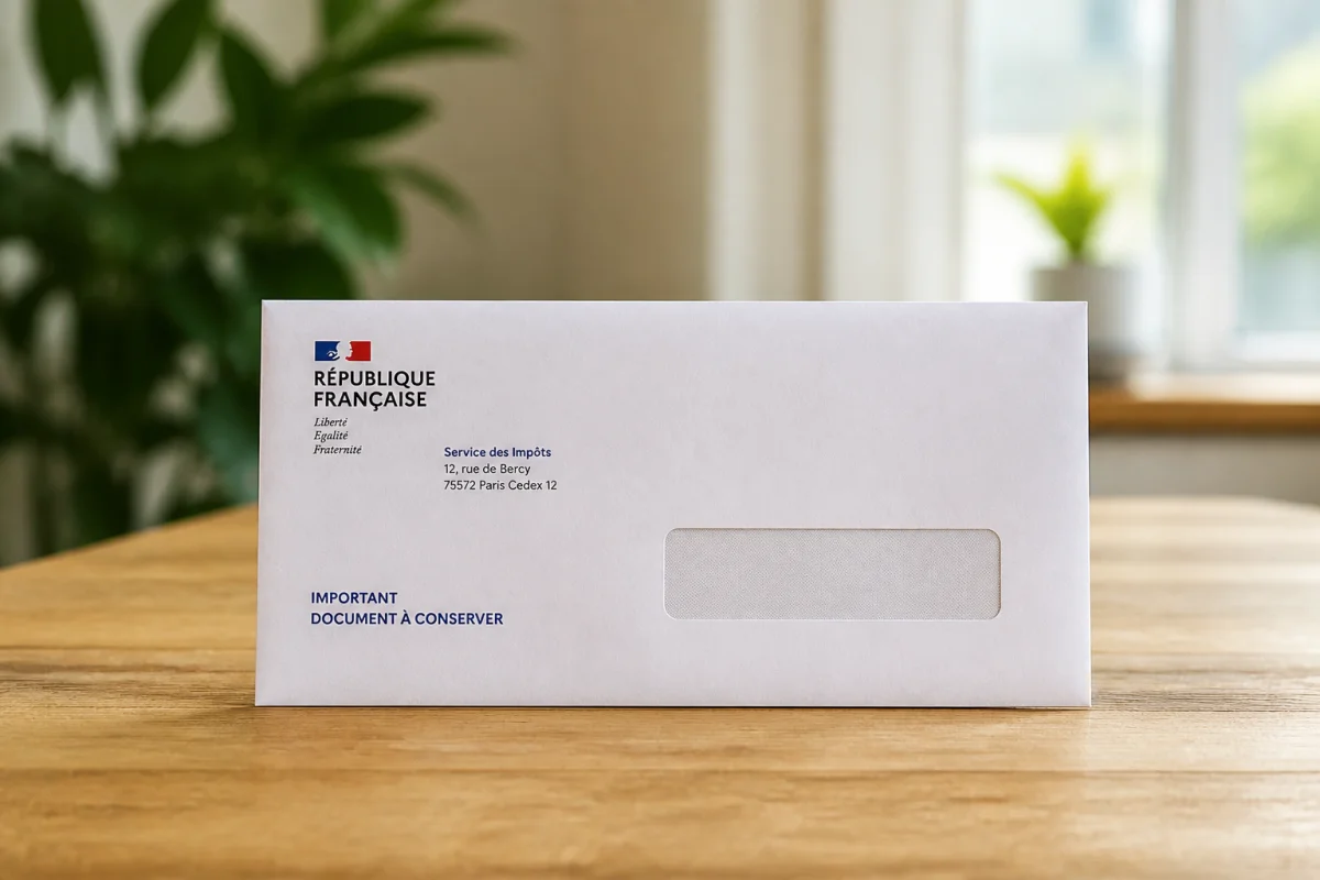 Enveloppe administrative officielle posée sur une table en bois, illustrant la réception d'une amende par radar fixe.