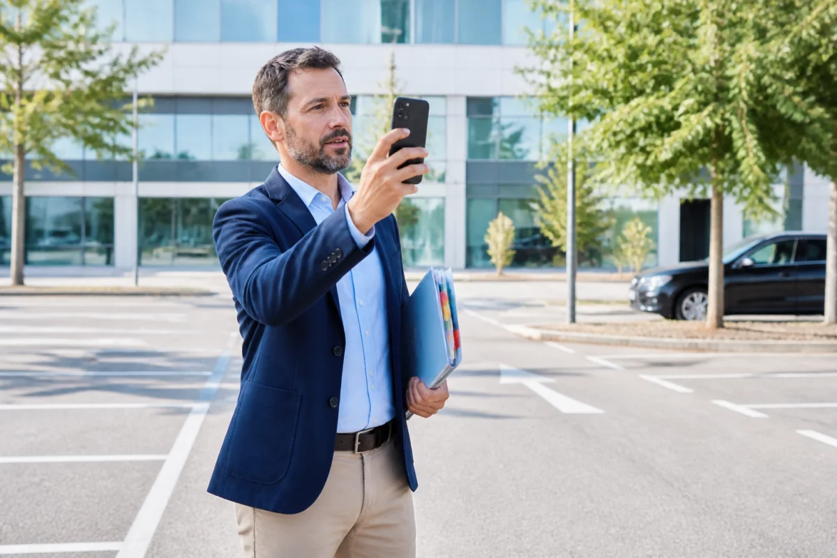 Personne en tenue professionnelle rassemblant des preuves sur un parking pour porter plainte contre un conducteur non assuré.