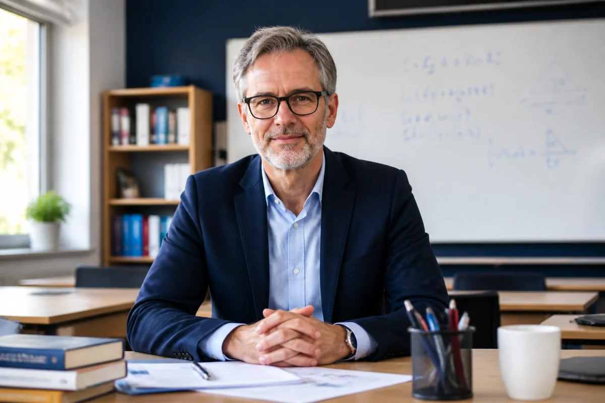 Enseignant professionnel et serein dans une salle de classe moderne pour illustrer un recours juridique contre un élève.