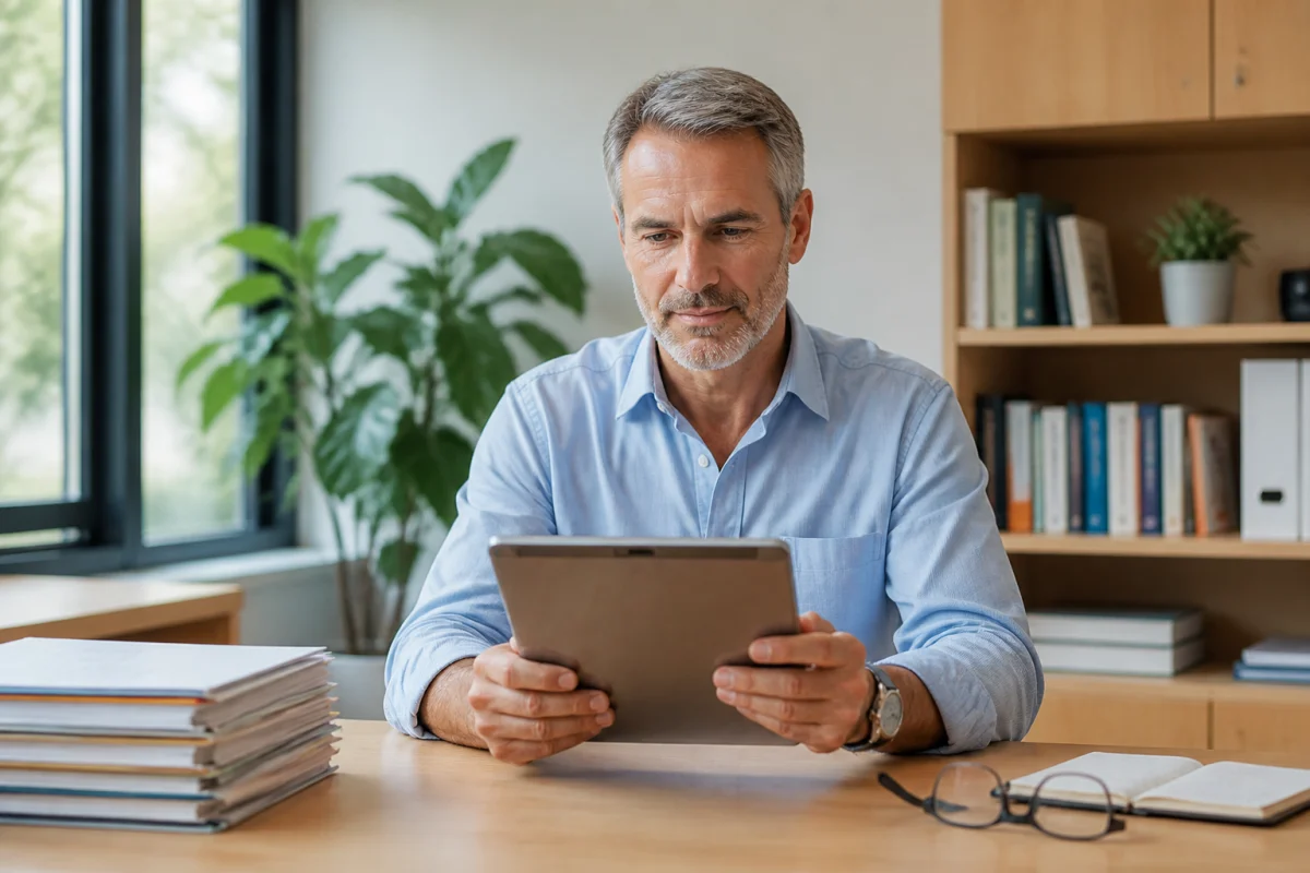 Enseignant consultant des documents numériques sur une tablette dans un bureau studieux et lumineux.