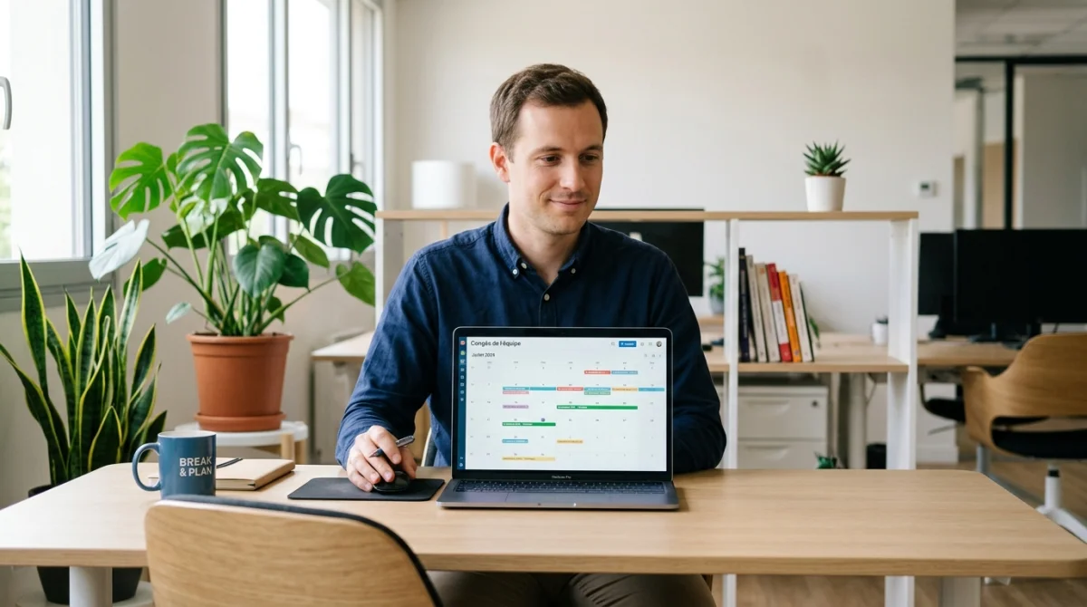 Employé de bureau serein consultant son calendrier sur ordinateur pour organiser ses congés selon la nouvelle loi.