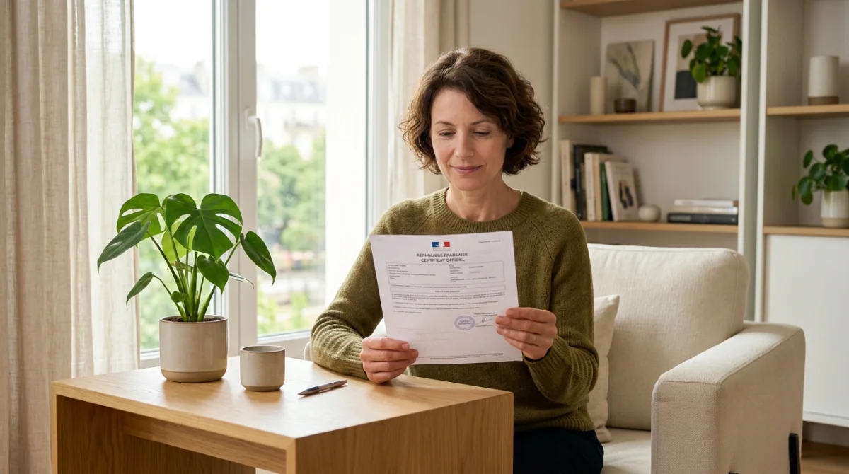 Personne sereine lisant un document officiel sur la nouvelle loi sur les nuisances sonores dans un salon lumineux.