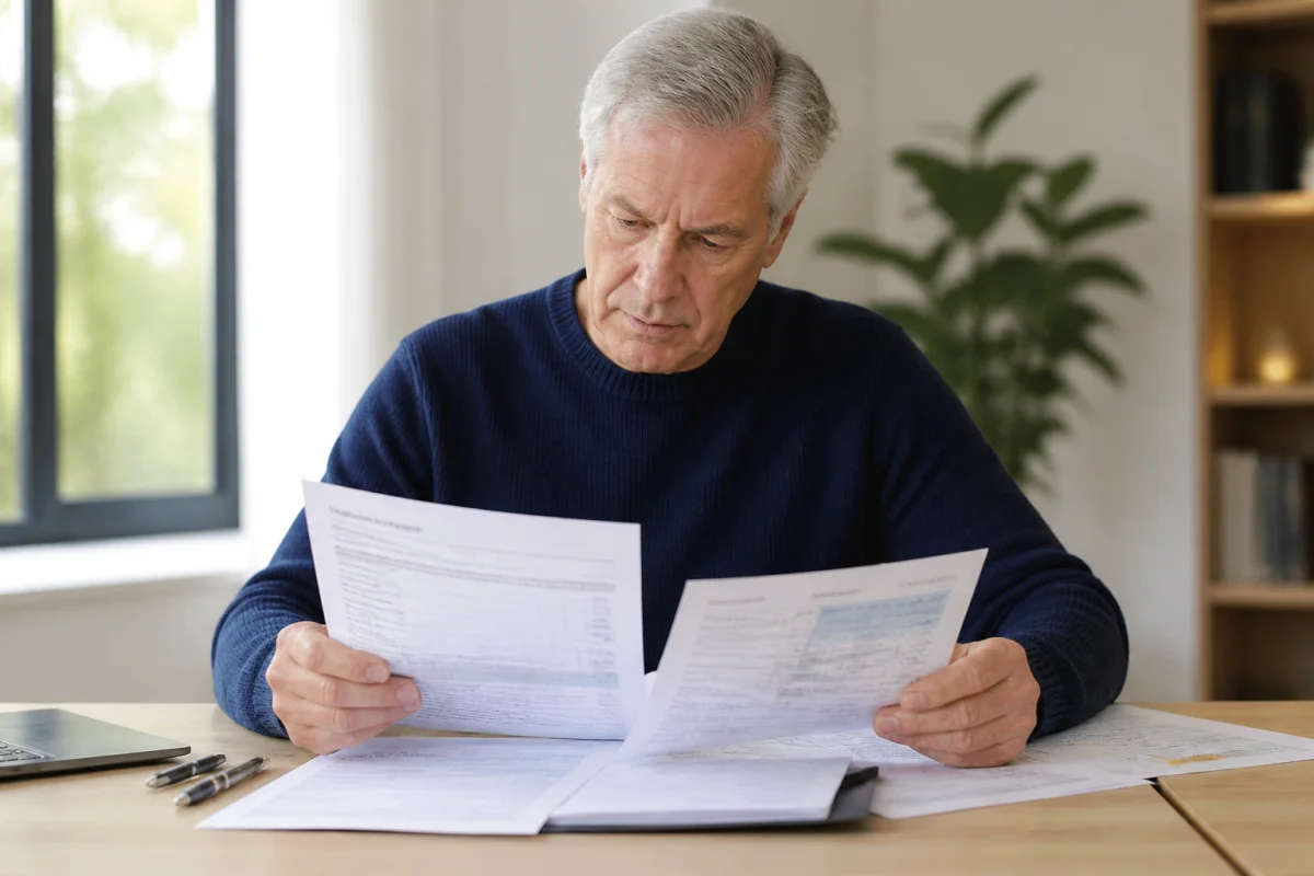 Personne âgée examinant des documents officiels et relevés bancaires pour préparer une plainte pour abus de faiblesse.