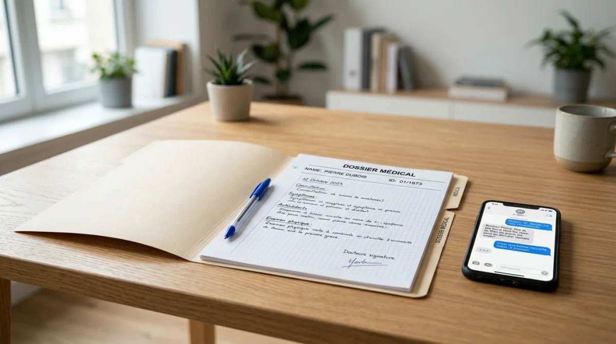 Dossier médical et smartphone sur un bureau pour illustrer les démarches juridiques liées à la transmission d'une MST.