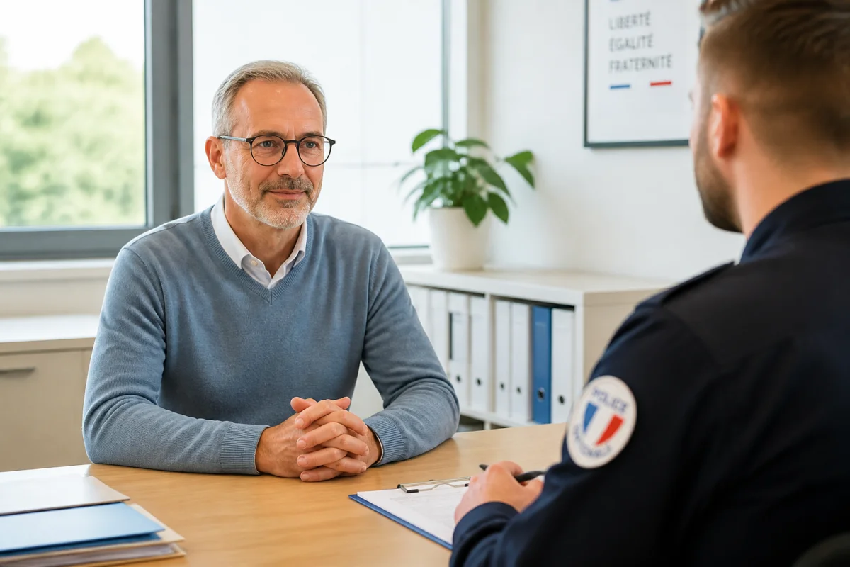 Personne d'âge mûr s'entretenant sereinement avec un policier pour porter plainte pour abus de faiblesse au commissariat.