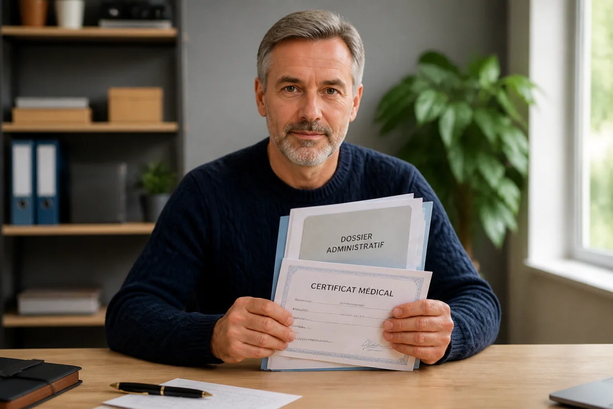 Personne tenant des documents officiels et un certificat médical pour porter plainte pour négligence parentale dans un bureau.