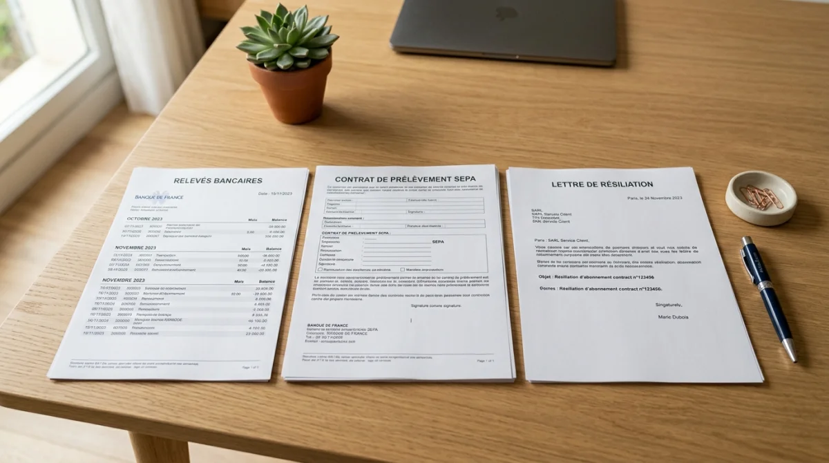 Dossier administratif avec relevés bancaires et contrat pour porter plainte pour prélèvement abusif sur un bureau en bois.