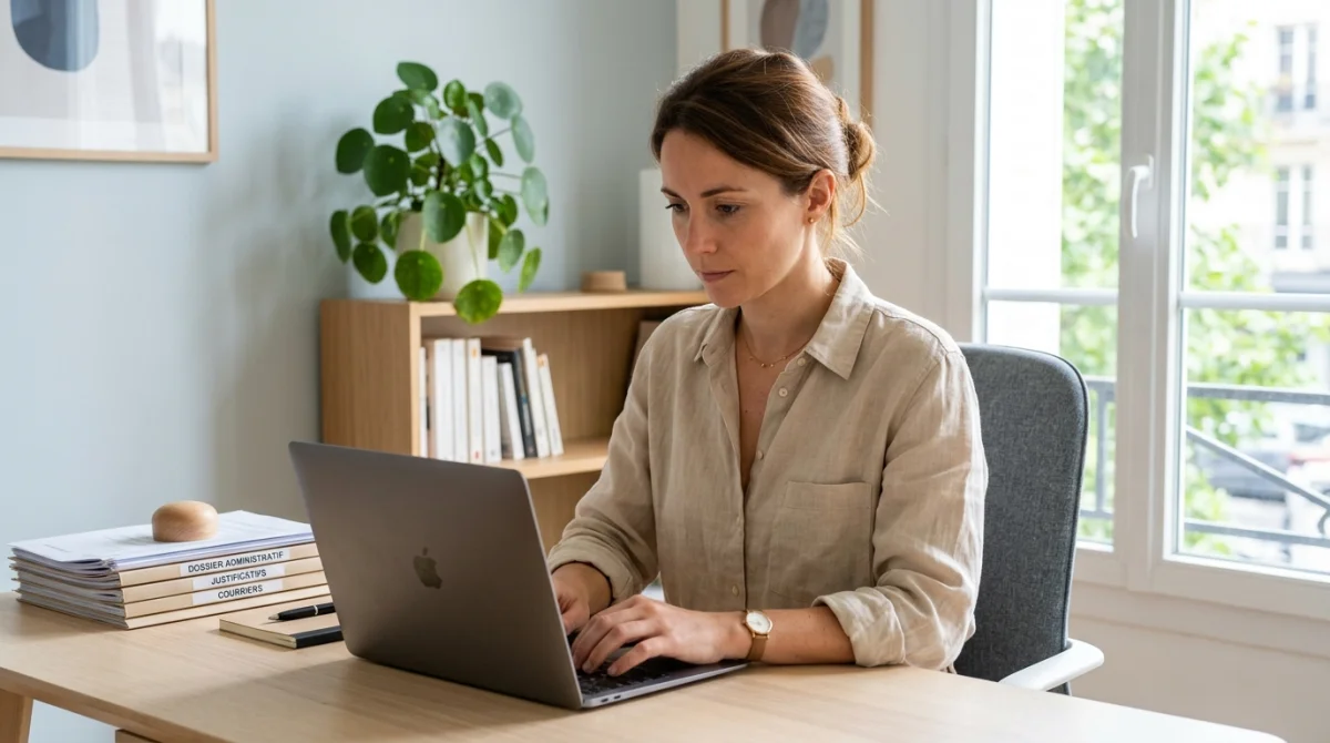Personne concentrée rédigeant une lettre de contestation sur ordinateur pour porter plainte pour prélèvement abusif au bureau.
