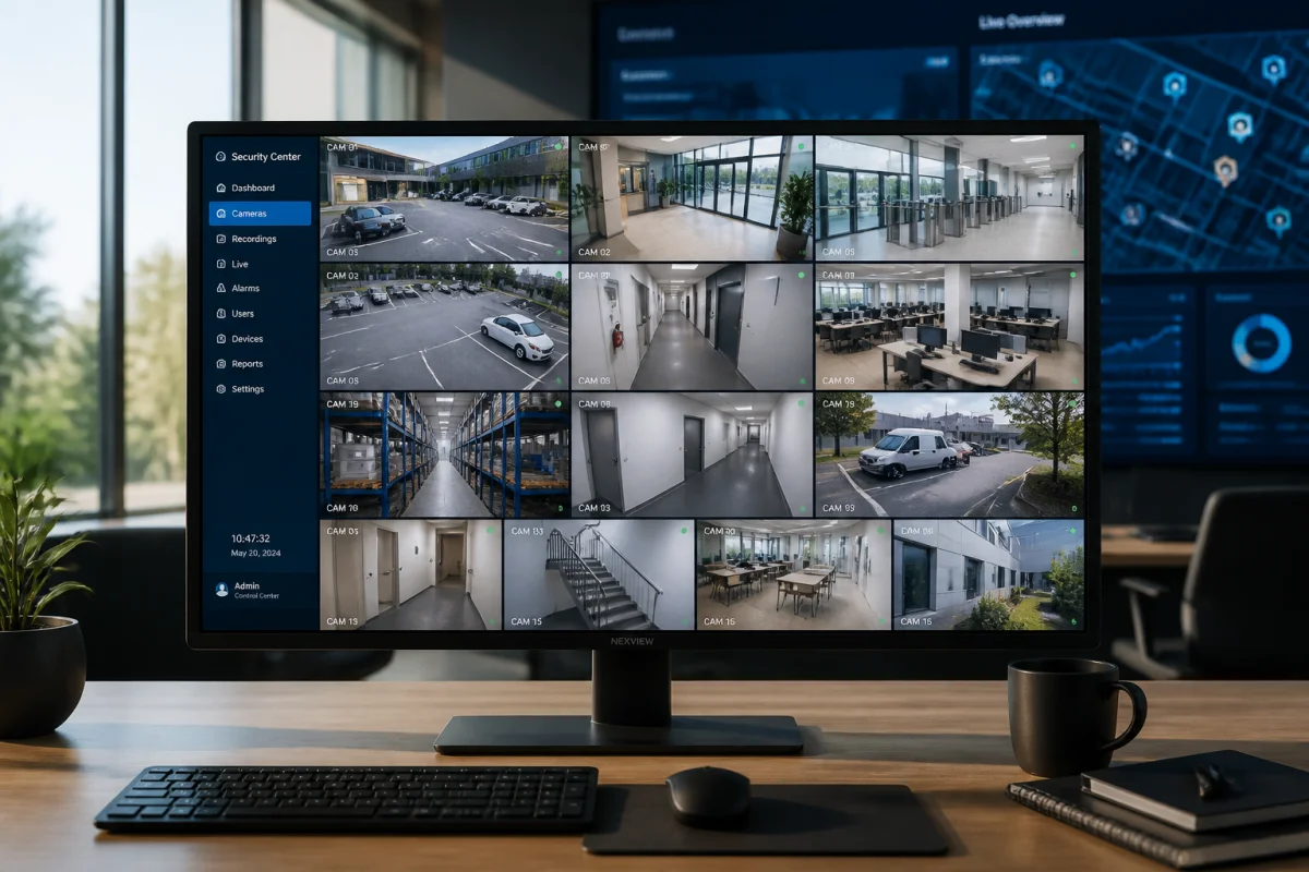 Écran de contrôle affichant plusieurs flux de vidéosurveillance dans un bureau moderne pour porter plainte avec vidéo surveillance.