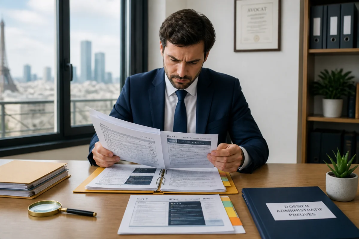 Personne organisant des preuves juridiques pour porter plainte contre une personne vivant à l'étranger sur un bureau moderne.