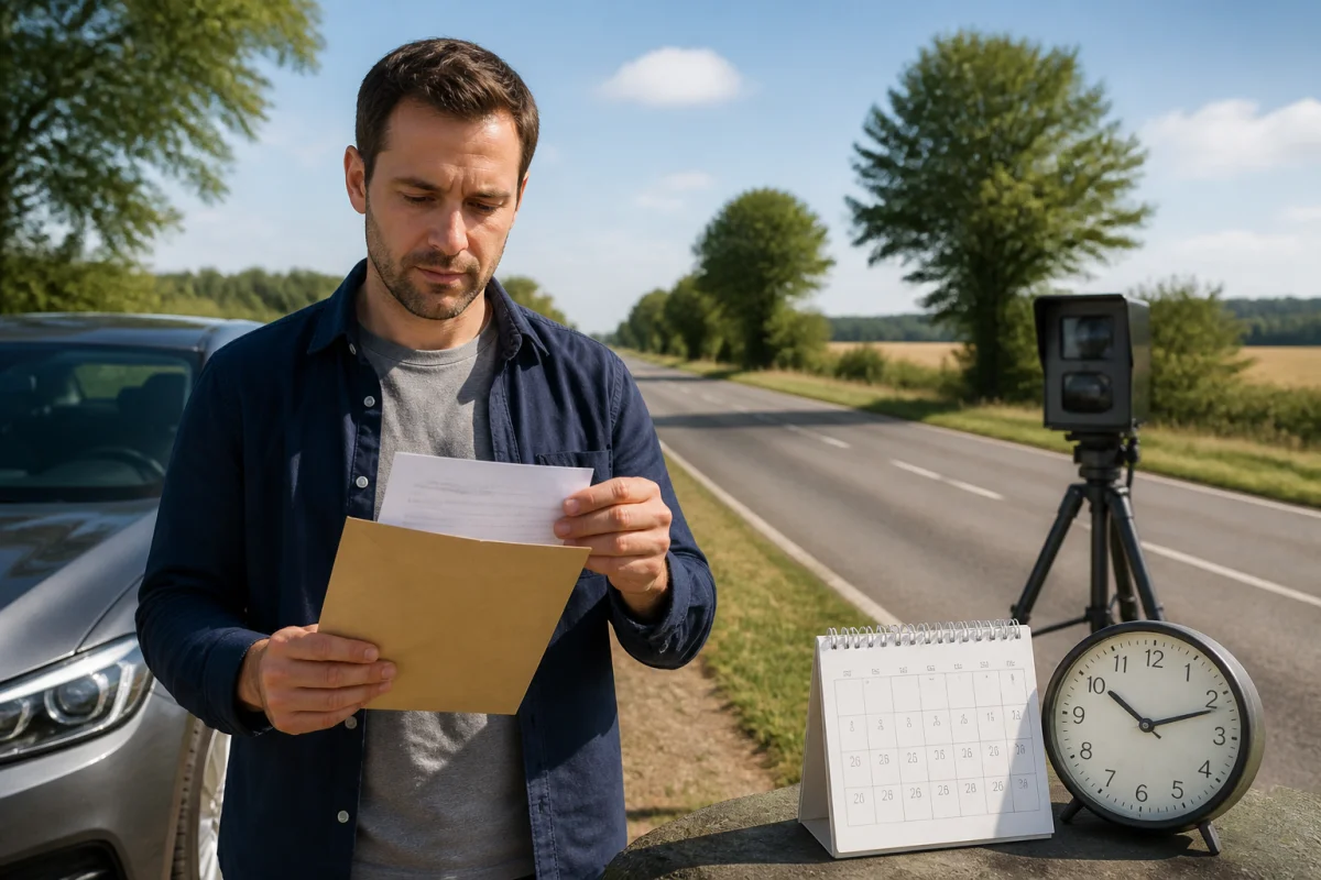 Conducteur observant une amende radar mobile près d’une route rurale, symbolisant le délai de réception par courrier