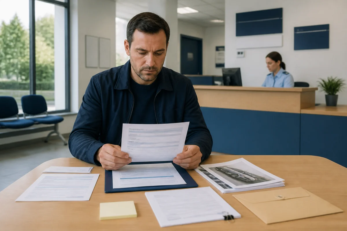 Personne préparant une plainte pour fausse accusation au commissariat, avec formulaire, enveloppe et pièces justificatives classées