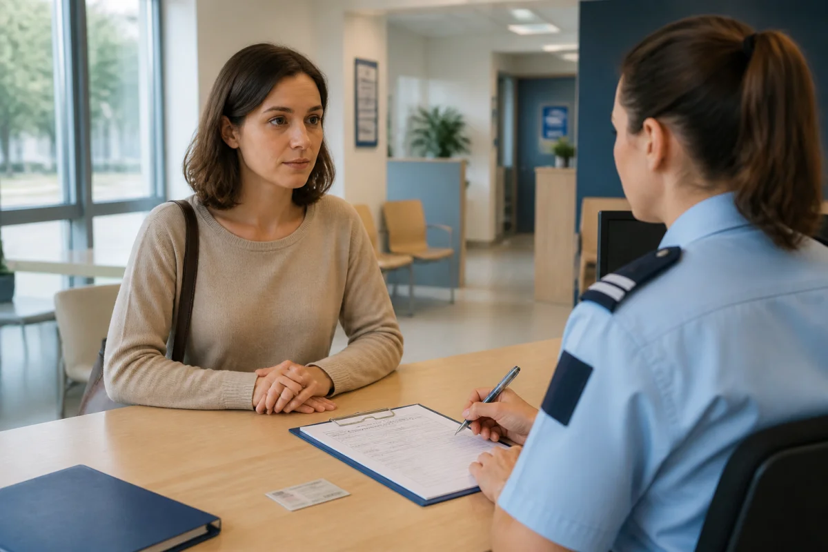Adulte déposant une plainte pour insultes auprès d’un agent de police, formulaire administratif visible au commissariat