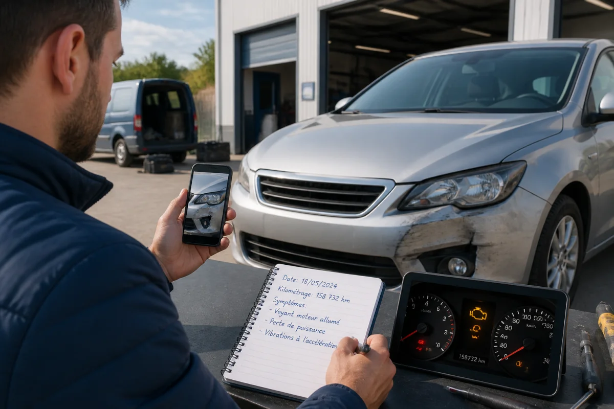 Propriétaire documentant les dommages d’une voiture et rassemblant des preuves pour porter plainte contre un garage automobile