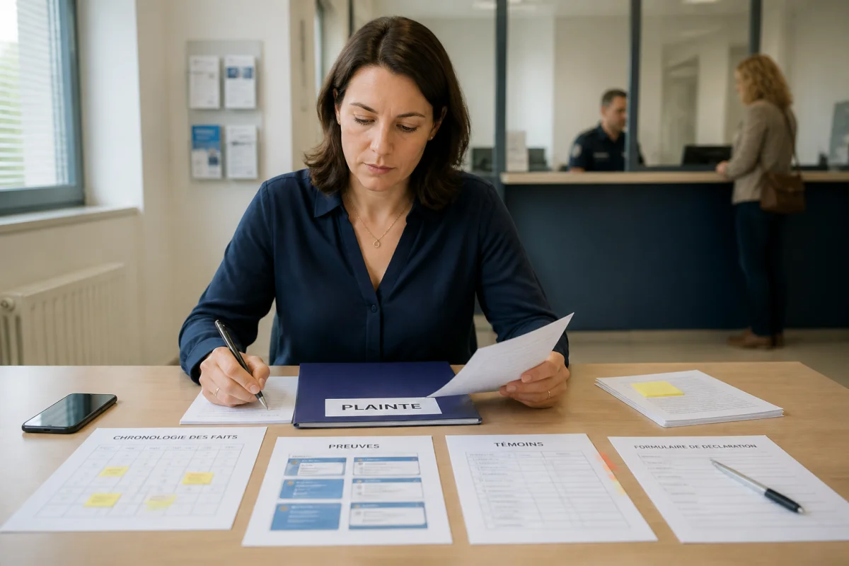 Salariée préparant une plainte pour insulte au travail avec preuves, chronologie et coordonnées de témoins sur son bureau