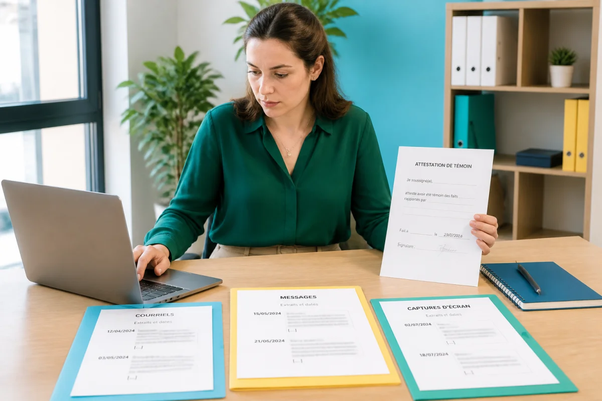 Salariée rassemblant des preuves d’insultes au travail sur ordinateur, avec courriels datés et attestation de témoin.