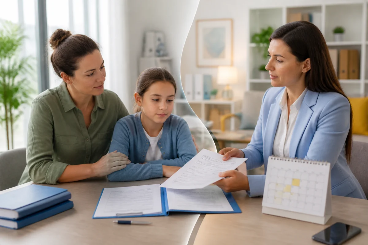 Parent protecteur et enfant accompagnés d’une juriste présentant des documents pour porter plainte contre un parent toxique