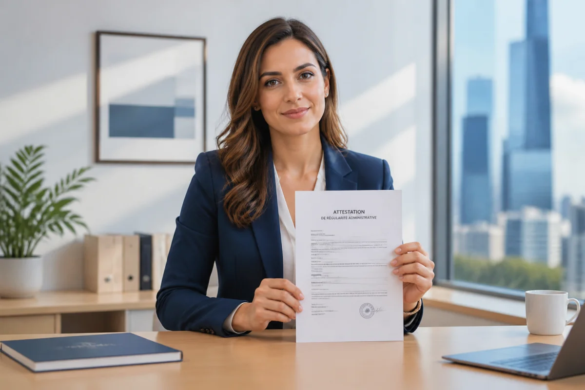 Personne professionnelle tenant un document officiel dans un bureau moderne pour porter plainte contre une personne vivant à l'étranger.