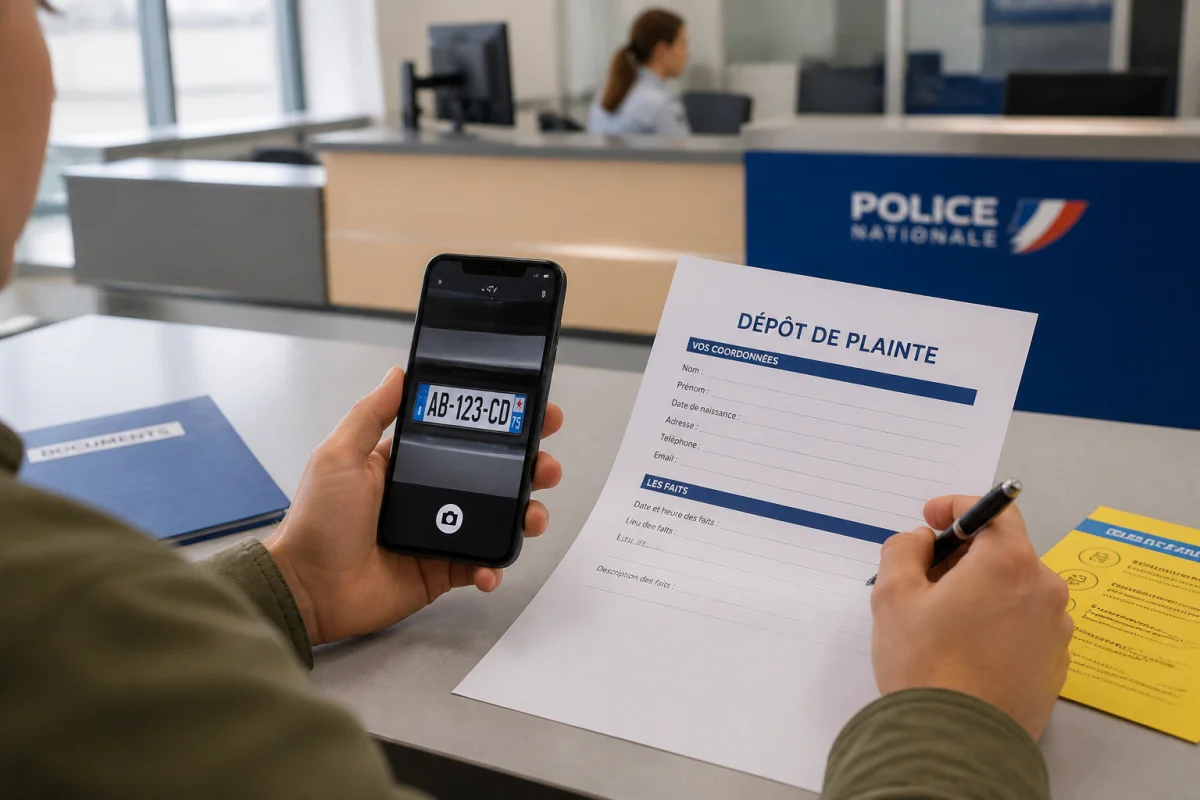 Smartphone montrant une plaque d’immatriculation fictive à côté d’un formulaire de dépôt de plainte au commissariat