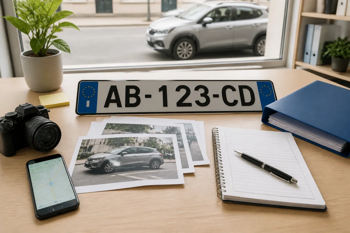 Dossier de preuves avec plaque d’immatriculation, photographies et notes pour porter plainte