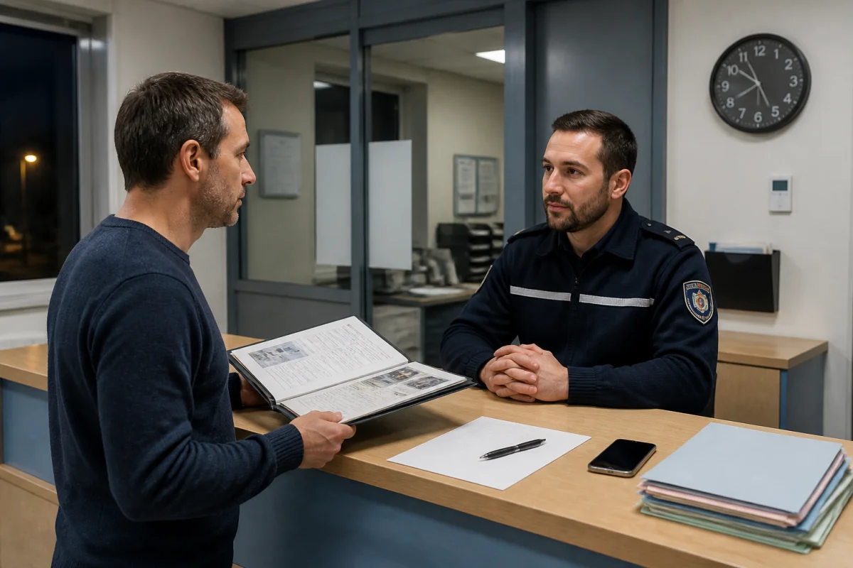 Adulte déposant une plainte pour tapage nocturne auprès d’un agent d’accueil, avec documents administratifs au commissariat
