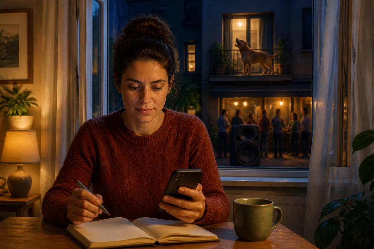 Riveraine préparant une plainte pour tapage nocturne avec téléphone et carnet depuis son appartement en soirée