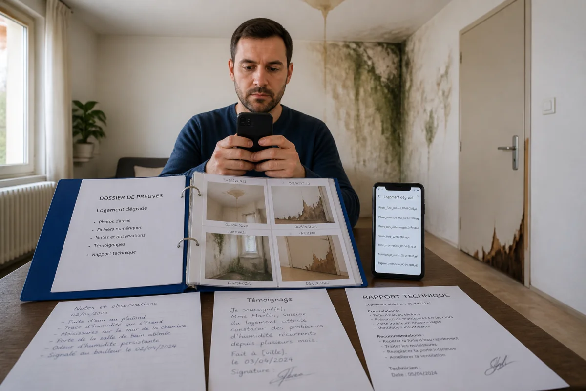Locataire documentant les dégradations de son logement social pour constituer un dossier avant de porter plainte contre son bailleur social