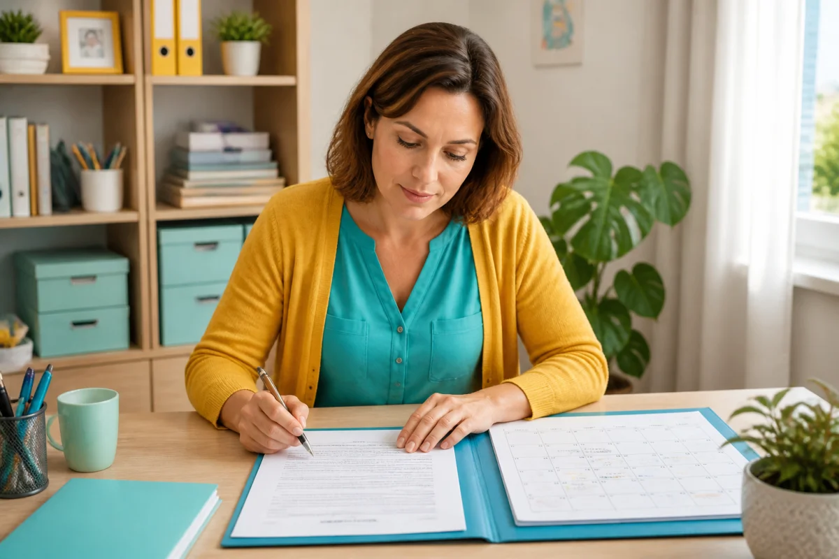 Assistante maternelle préparant une déclaration employeur avec contrat de travail et calendrier mensuel annoté au bureau