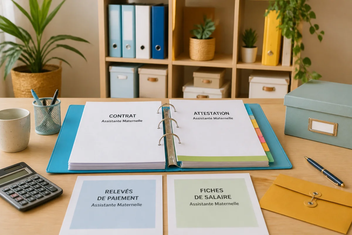 Dossier organisé avec contrat, relevés de paiement, fiches de salaire et attestations pour déclaration d’assistante maternelle