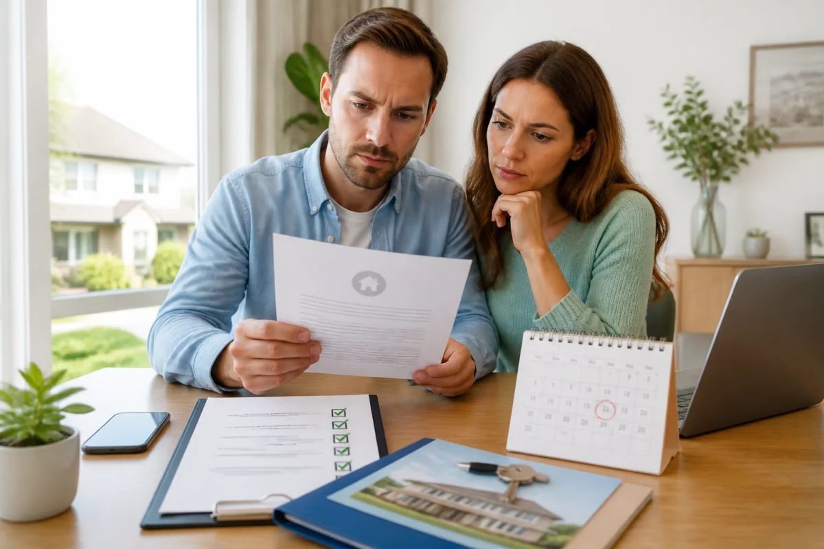 Couple d’acheteurs examinant des documents immobiliers, un calendrier et une notification de rétractation avant leur achat immobilier