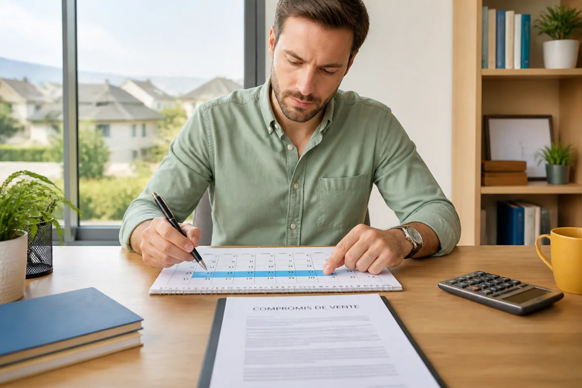 Calcul du délai de rétractation achat immobilier de dix jours avec calendrier, documents de vente et calculatrice sur un bureau