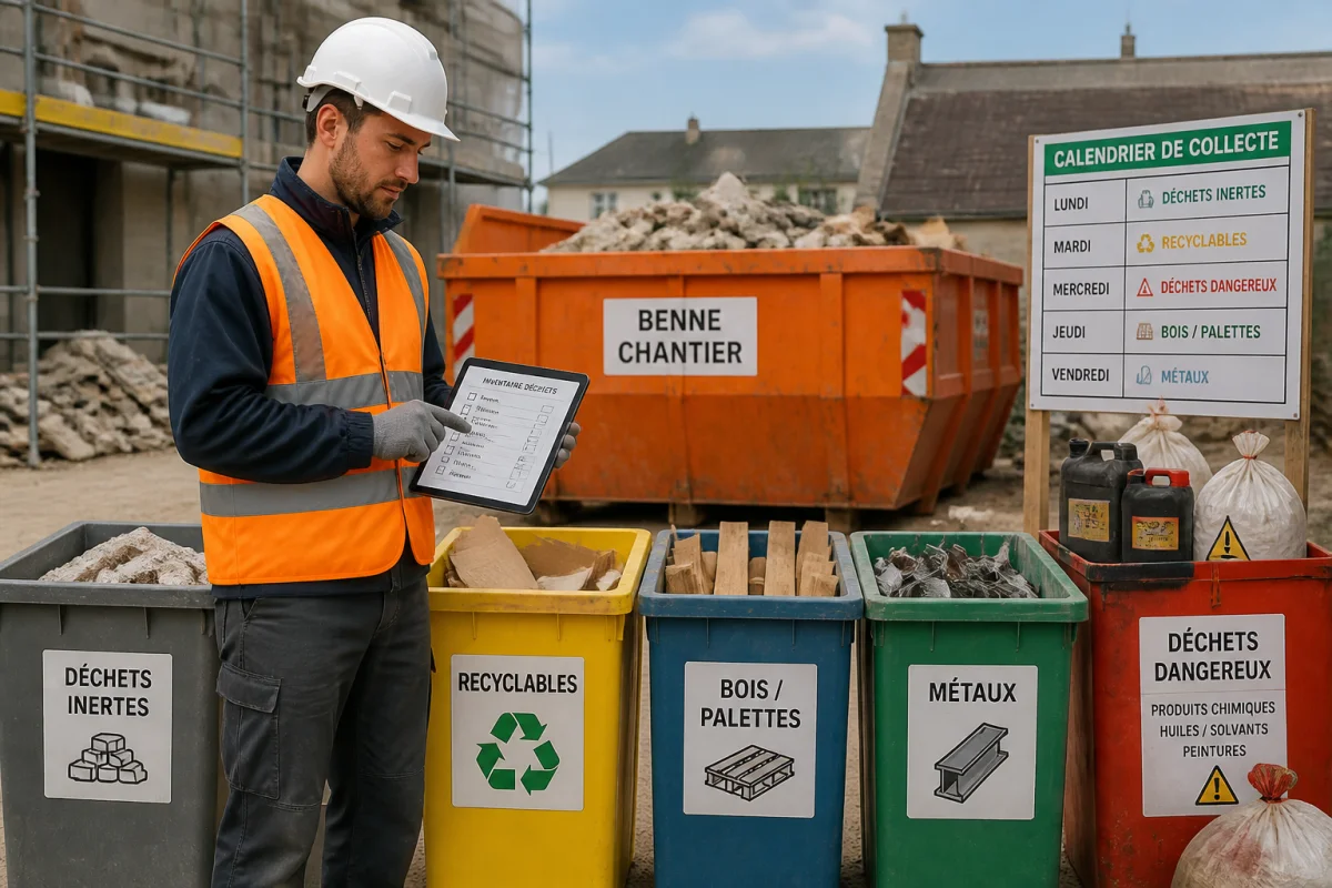 Responsable de chantier planifiant les délais légaux d’évacuation des déchets avec tri, inventaire et calendrier de collecte