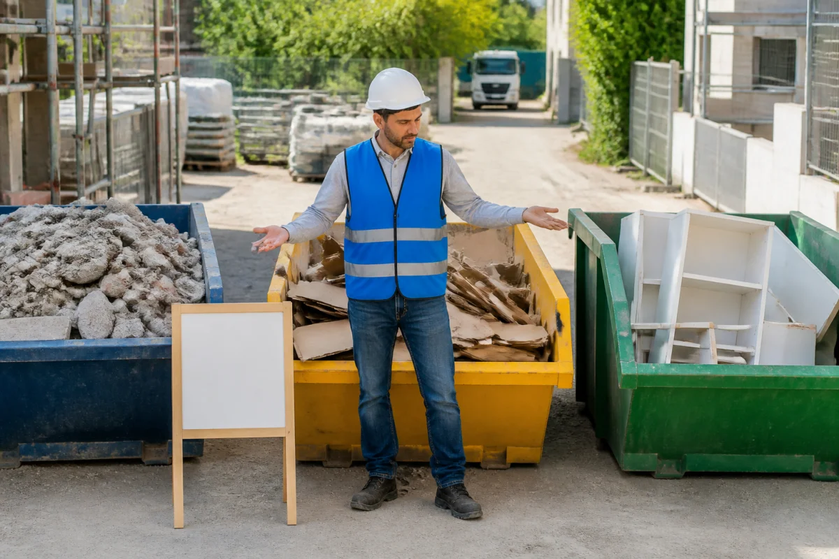 Responsable de chantier triant gravats, cartons et mobilier dans trois bennes, illustrant les délais légaux d’évacuation des déchets.