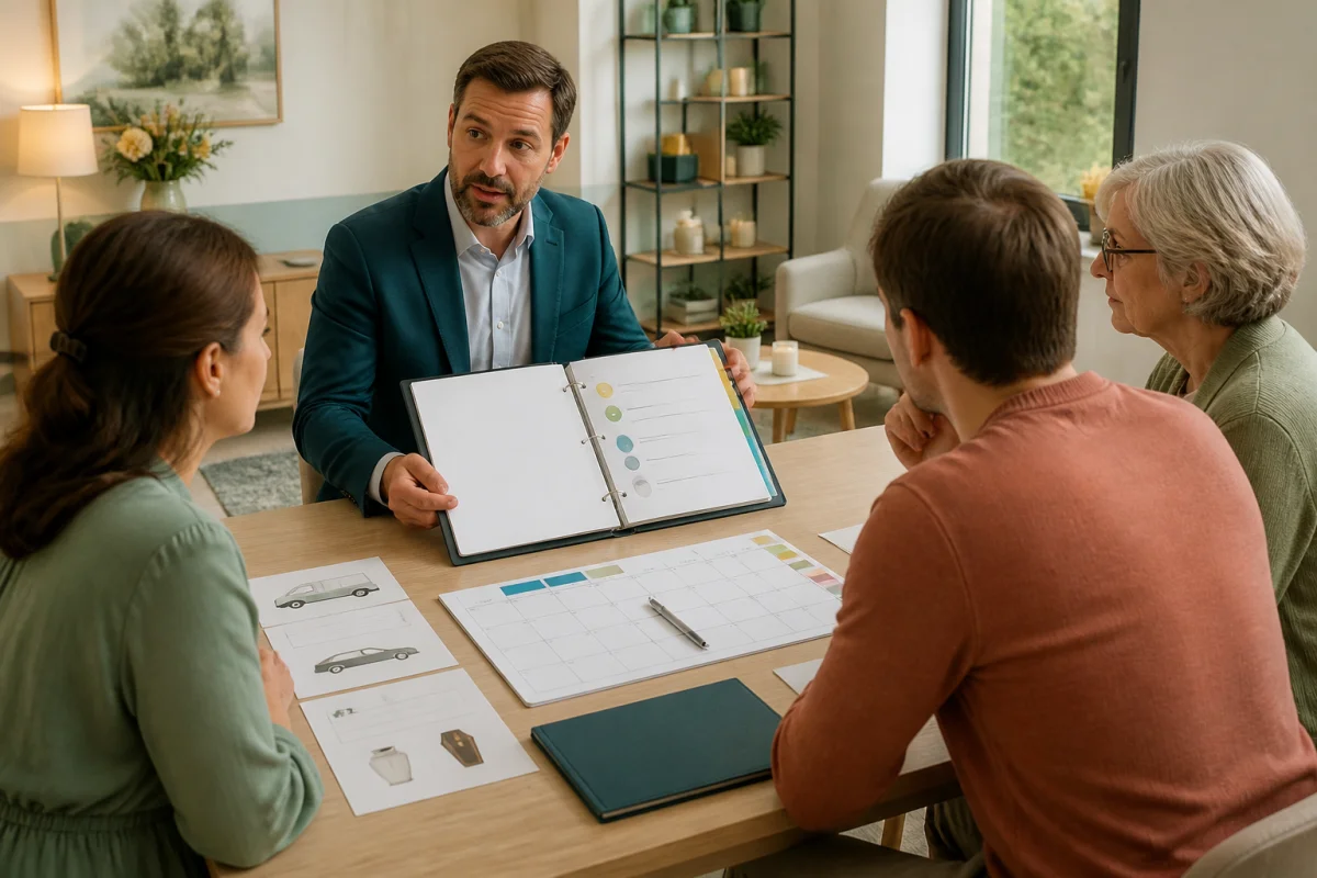 Conseiller funéraire présentant à une famille un calendrier des démarches après un décès et un dossier d’organisation obsèques