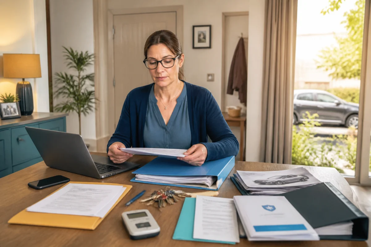 Proche organisant les démarches après un décès avec documents administratifs, clés, contrats et relevés de compteurs.