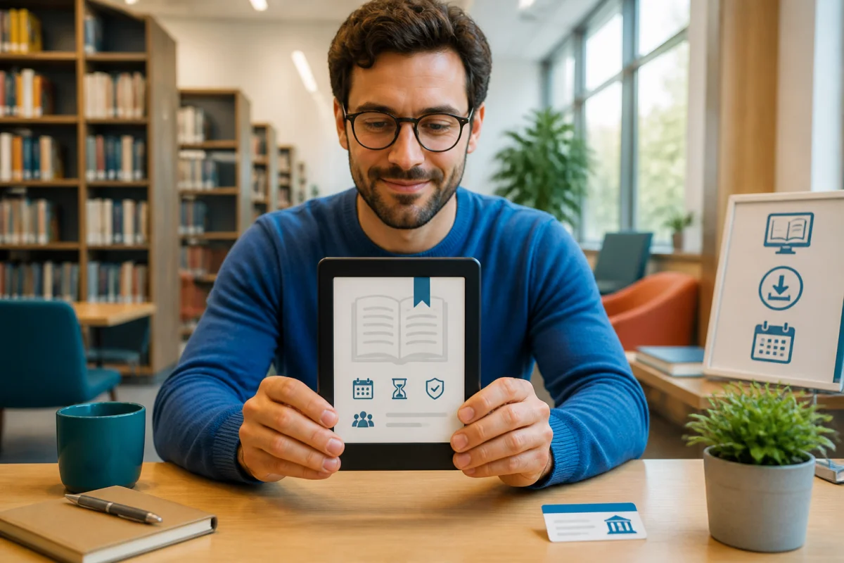 Lecteur consultant un livre numérique légal sur liseuse, dans une bibliothèque moderne, illustrant les droits d’auteur en ligne