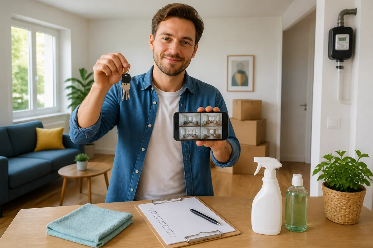 Locataire préparant sereinement son état des lieux de sortie avec clés, checklist et téléphone dans un appartement propre