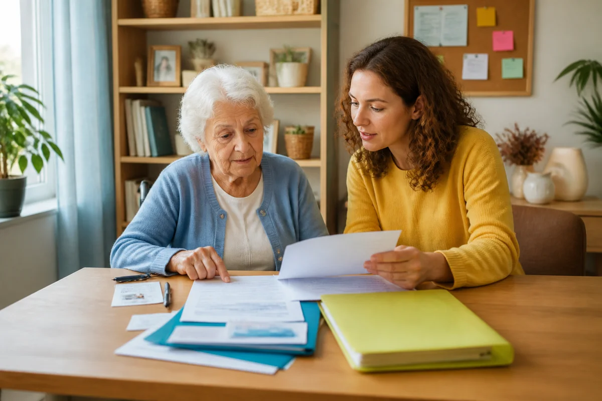 Personne âgée dépendante accompagnée d’un proche, préparant des documents administratifs avant l’entrée en établissement