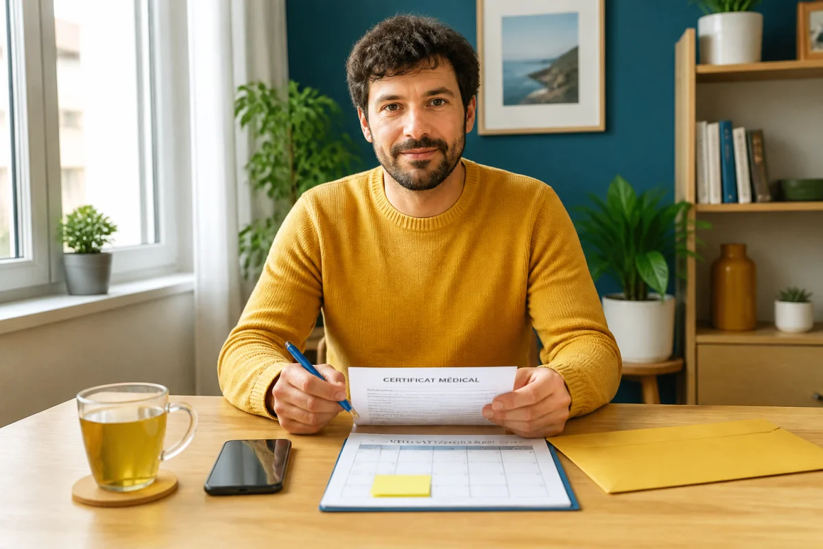 Salarié préparant ses démarches d’arrêt maladie avec certificat médical, téléphone et enveloppe sur son bureau