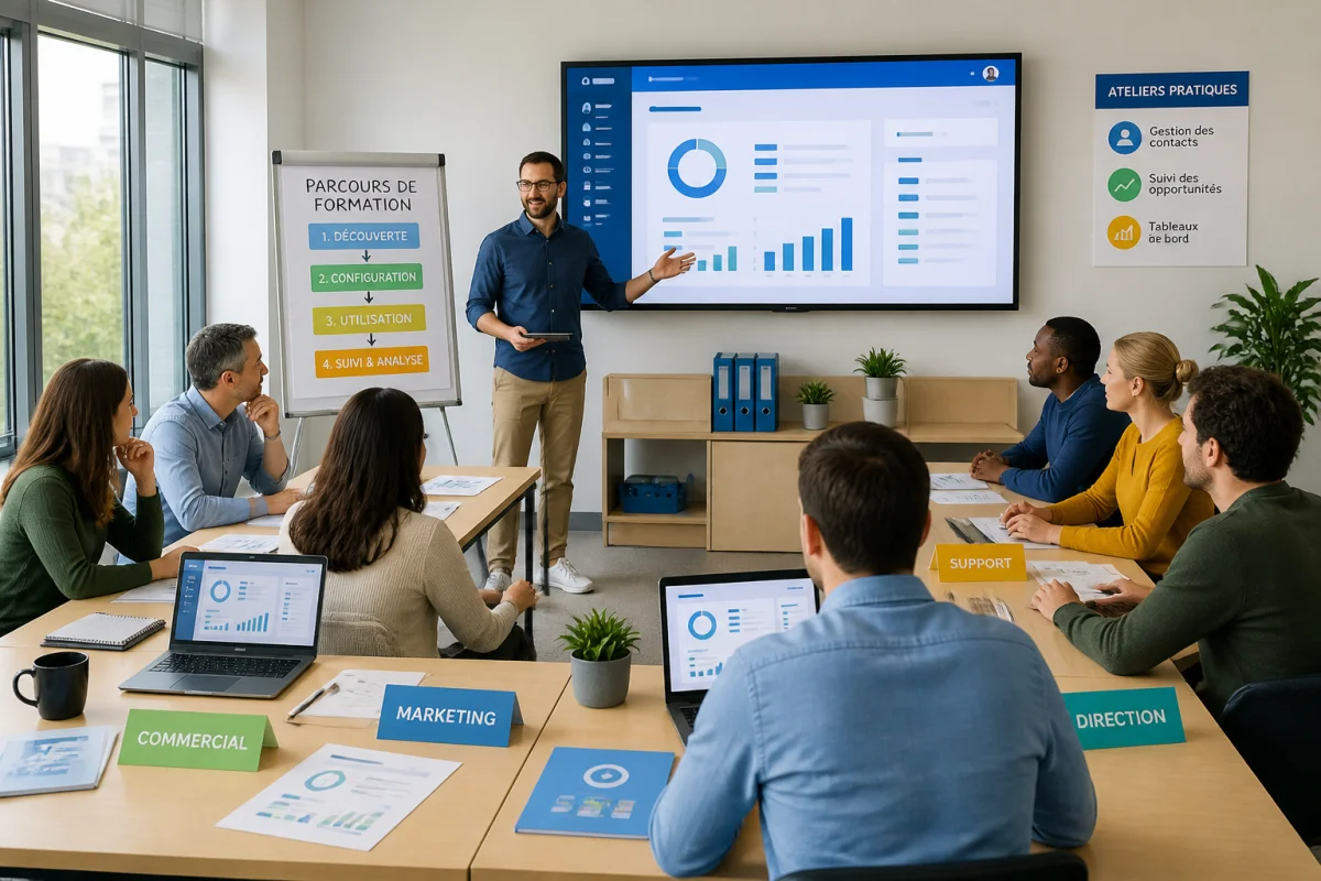 Équipe de salariés en formation continue autour d’un formateur présentant un outil de gestion de la relation client