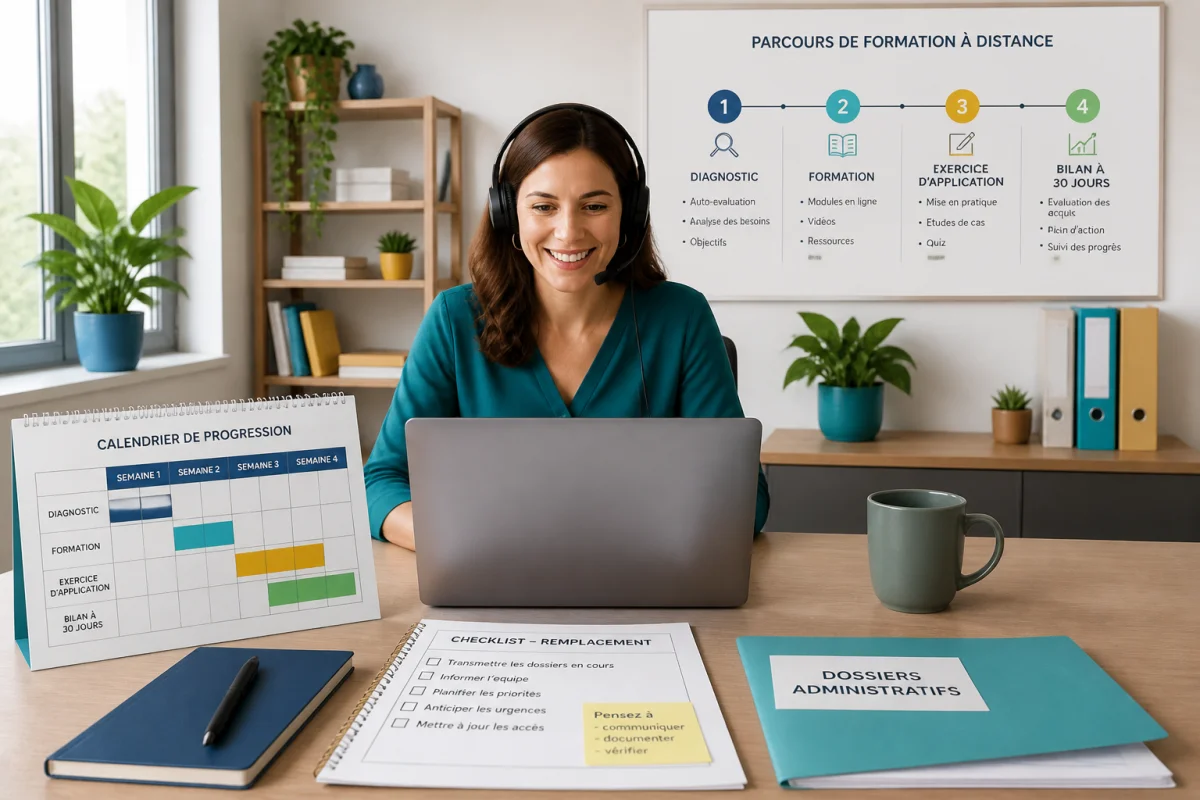 Salariée préparant une formation continue à distance avec calendrier de progression, ordinateur portable et checklist organisée